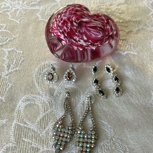 Three Pair Pierced Earrings With Rhinestone Accents
